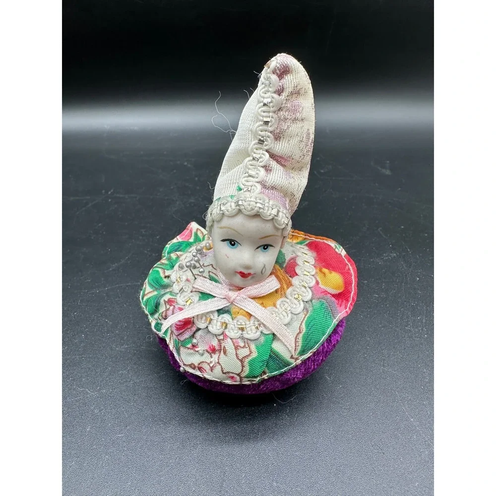 Vintage Harlequin Clown Pin Cushion Porcelain‎ Head Velvet Pin Keeper